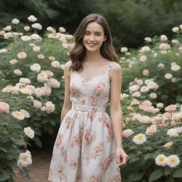 A feminine figure with neutral features respectfully representing a user's girlfriend. She stands in a garden surrounded by flowers, full of warmth and happiness.