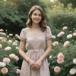 A feminine figure with neutral features respectfully representing a user's girlfriend. She stands in a garden surrounded by flowers, full of warmth and happiness.