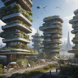 Life in the year 5022, featuring exceptionally advanced technologies, AI-integrated societies, futuristic architecture, and space colonization, while maintaining a sustainable and harmonious balance with nature.