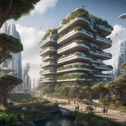 Life in the year 5022, featuring exceptionally advanced technologies, AI-integrated societies, futuristic architecture, and space colonization, while maintaining a sustainable and harmonious balance with nature.