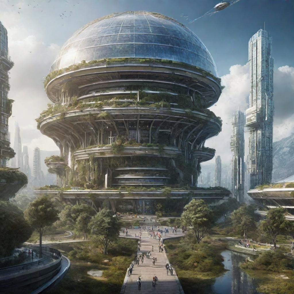 Life in the year 5022, featuring exceptionally advanced technologies, AI-integrated societies, futuristic architecture, and space colonization, while maintaining a sustainable and harmonious balance with nature.