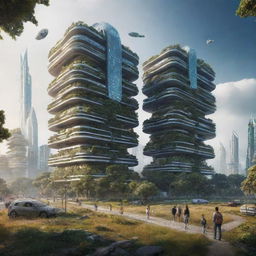 Life in the year 5022, featuring exceptionally advanced technologies, AI-integrated societies, futuristic architecture, and space colonization, while maintaining a sustainable and harmonious balance with nature.