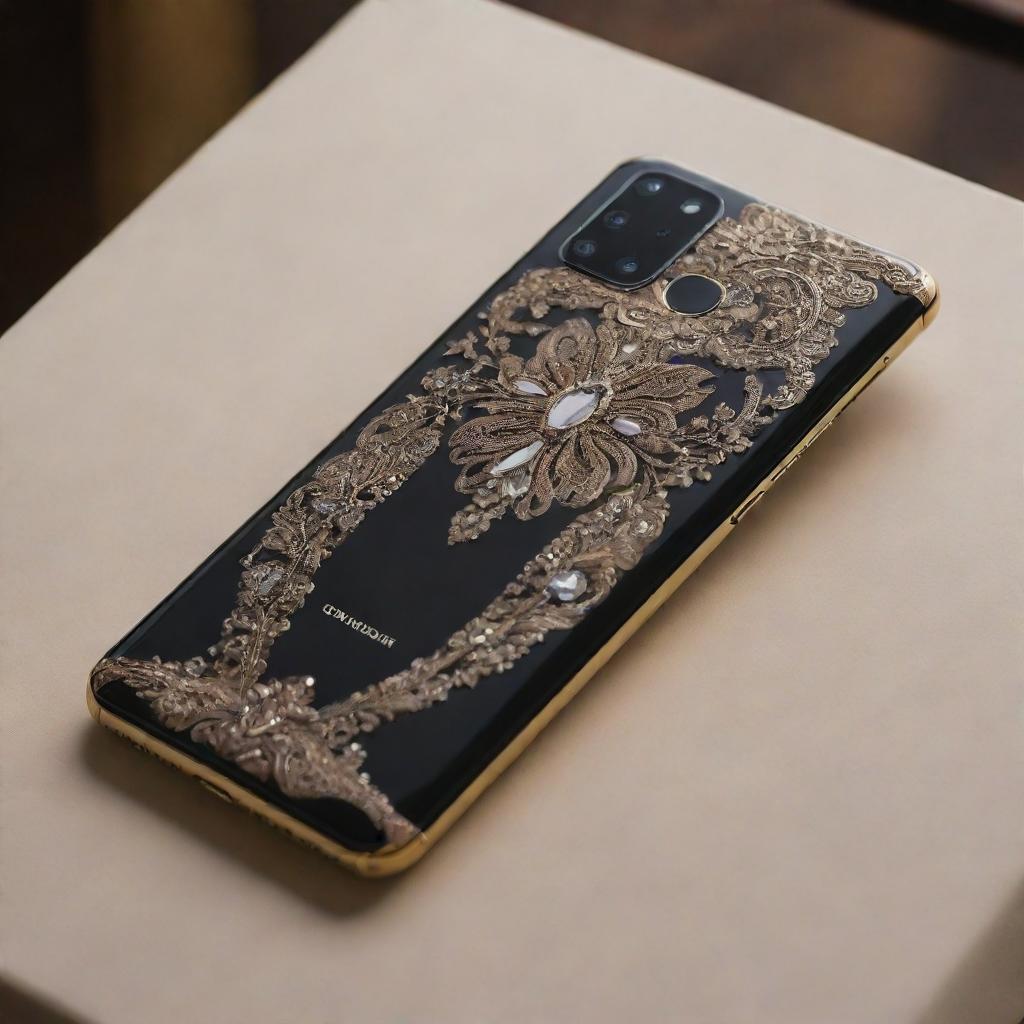 A luxurious, high-end smartphone priced at 100k dollars, featuring an intricate design with precious materials, advanced features and technology, crafted impeccably to denote its exclusive value.