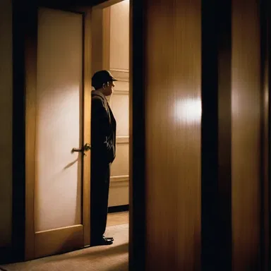 In the suspense movie, the murderer used a self-locking door to trap the protagonist inside the room.