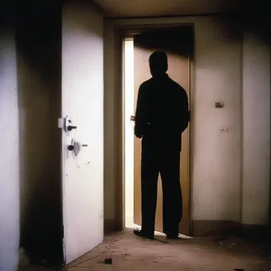 In the suspense movie, the murderer used a self-locking door to trap the protagonist inside the room.