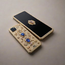 An ultra-luxury smartphone worth one million dollars, adorned with precious gemstones, gold and rare materials, boasting state-of-the-art technology, superior functionality, and unparalleled craftsmanship defining its elite status.