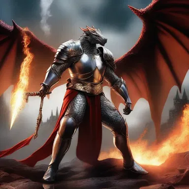 In the magical kingdom of Elysium, the brave knight unsheathed his shooting iron to defend against the fire-breathing dragon.