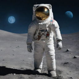 A millionaire standing proudly on the Moon's crater-covered surface, wearing a luxury spacesuit with gold accents, with Earth glowing blue in the backdrop.