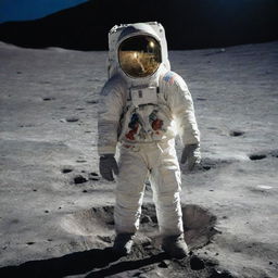 A millionaire standing proudly on the Moon's crater-covered surface, wearing a luxury spacesuit with gold accents, with Earth glowing blue in the backdrop.