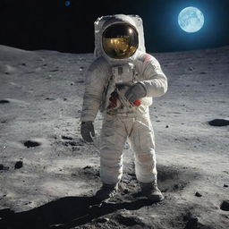 A millionaire standing proudly on the Moon's crater-covered surface, wearing a luxury spacesuit with gold accents, with Earth glowing blue in the backdrop.