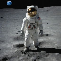 A millionaire standing proudly on the Moon's crater-covered surface, wearing a luxury spacesuit with gold accents, with Earth glowing blue in the backdrop.