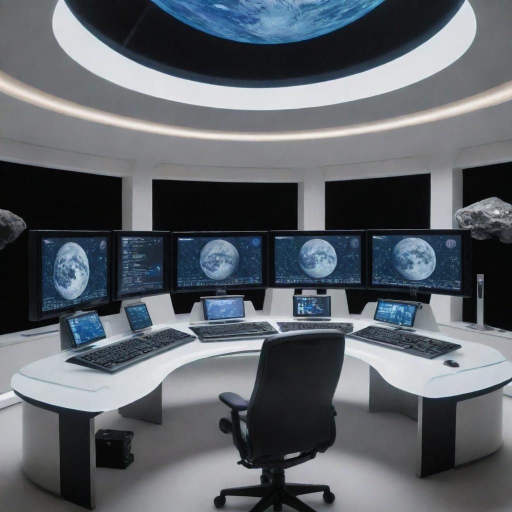 A futuristic desktop setup in a luxury glass-domed moon base, owned by a millionaire. High-tech screens displaying trading charts float in zero-gravity, illuminated by the Earthrise.