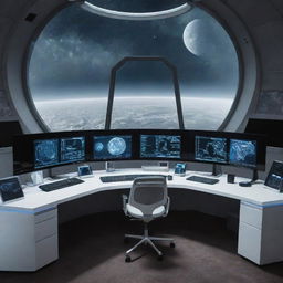 A futuristic desktop setup in a luxury glass-domed moon base, owned by a millionaire. High-tech screens displaying trading charts float in zero-gravity, illuminated by the Earthrise.