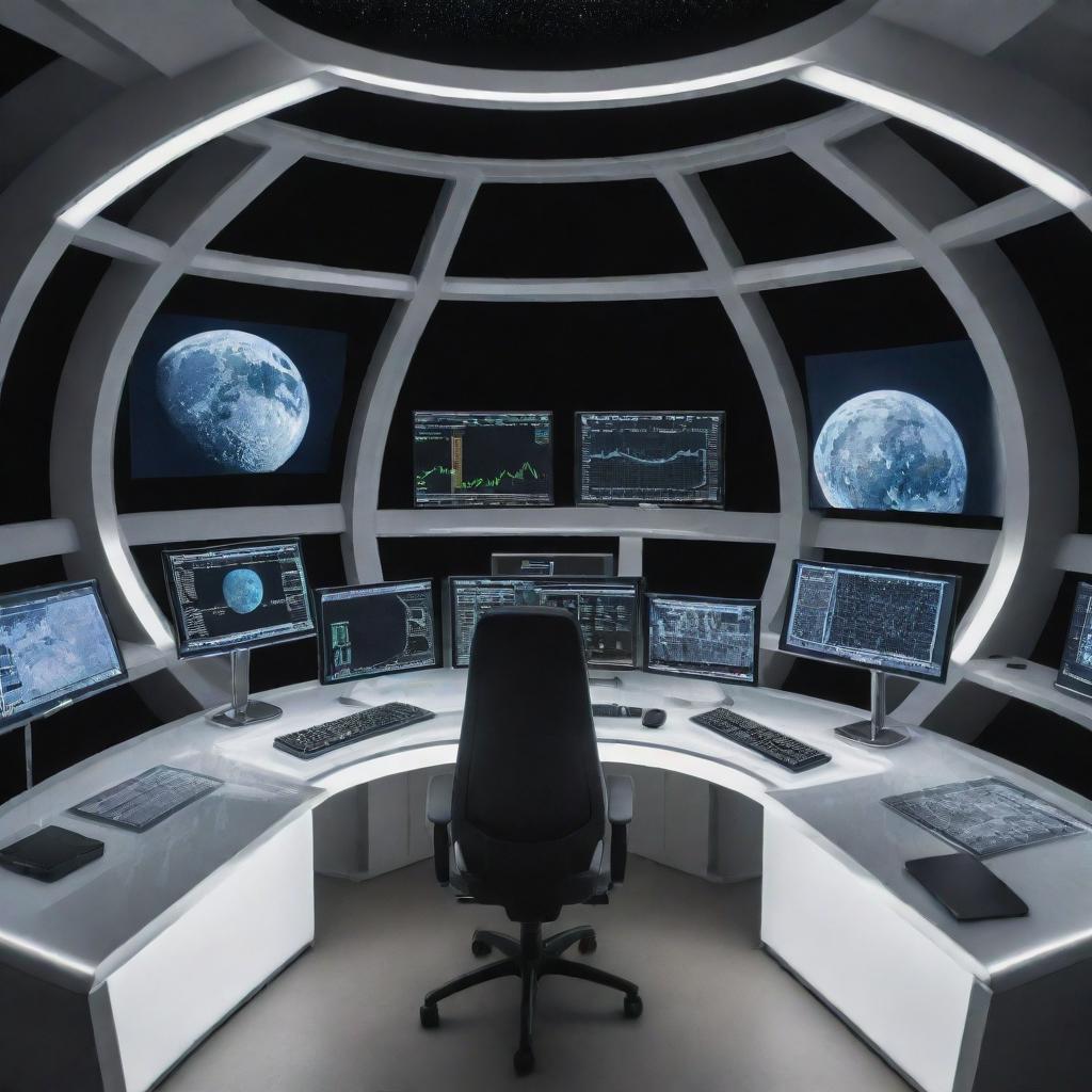 A futuristic desktop setup in a luxury glass-domed moon base, owned by a millionaire. High-tech screens displaying trading charts float in zero-gravity, illuminated by the Earthrise.