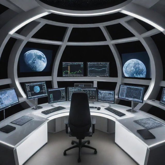 A futuristic desktop setup in a luxury glass-domed moon base, owned by a millionaire. High-tech screens displaying trading charts float in zero-gravity, illuminated by the Earthrise.