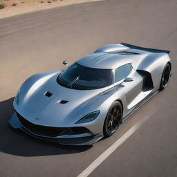 The fastest car ever, with aerodynamic design, gleaming in metallic shades. Its powerful engine is evident from the visible features, and it stands on a track, ready for a high-speed chase.