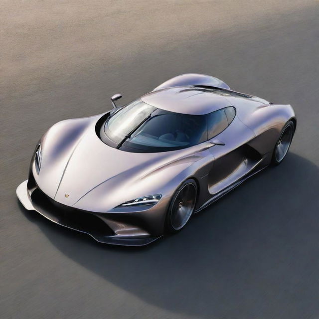 The fastest car ever, with aerodynamic design, gleaming in metallic shades. Its powerful engine is evident from the visible features, and it stands on a track, ready for a high-speed chase.