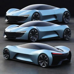 A unique car design featuring five wheels, with an aerodynamic form factor, sporty appeal, and futuristic elements. Color and lighting highlight its distinctive features.