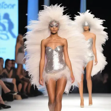 The fashion show featured models walking down the runway in meretricious outfits adorned with sequins and feathers.