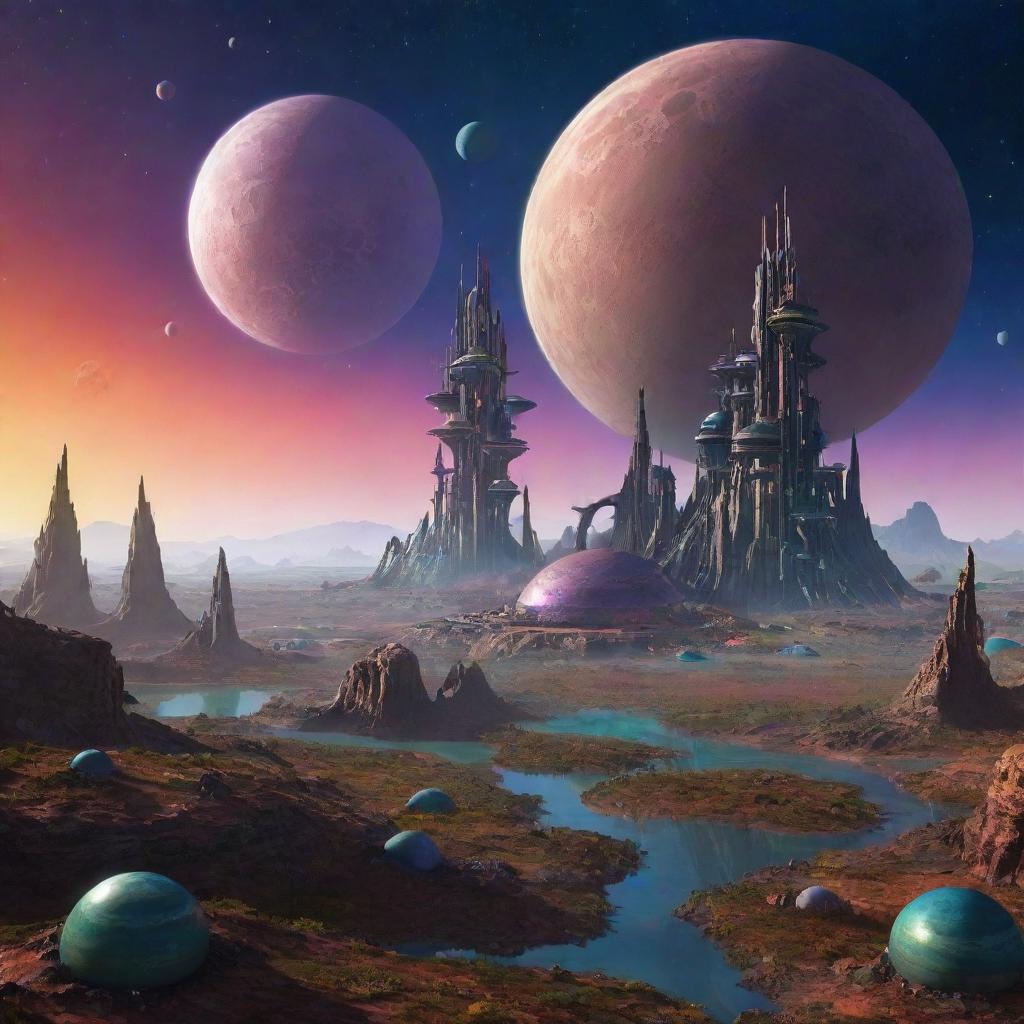 An advanced alien civilization in another planet, showcasing diverse, colourful biomes, unique, bio-luminescent lifeforms, sophisticated, organic architecture, and advanced technology, all under a different colored sky with multiple moons.