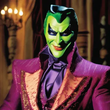 The villain's meretricious appearance with garish makeup and revealing outfit added to his outrageous and flamboyant character.