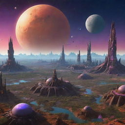 An advanced alien civilization in another planet, showcasing diverse, colourful biomes, unique, bio-luminescent lifeforms, sophisticated, organic architecture, and advanced technology, all under a different colored sky with multiple moons.