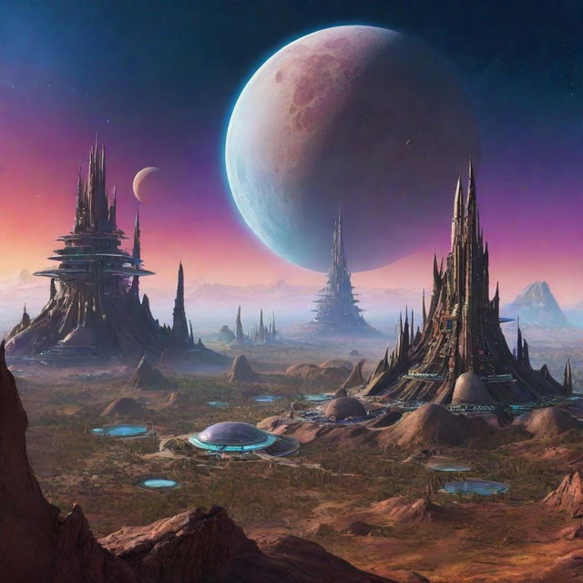 An advanced alien civilization in another planet, showcasing diverse, colourful biomes, unique, bio-luminescent lifeforms, sophisticated, organic architecture, and advanced technology, all under a different colored sky with multiple moons.