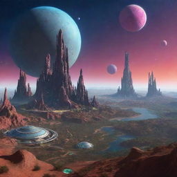 An advanced alien civilization in another planet, showcasing diverse, colourful biomes, unique, bio-luminescent lifeforms, sophisticated, organic architecture, and advanced technology, all under a different colored sky with multiple moons.