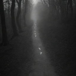 An allegorical image depicting a long, winding path with God's light at one end, gradually transitioning into shadowy darkness symbolizing devil at the other end.