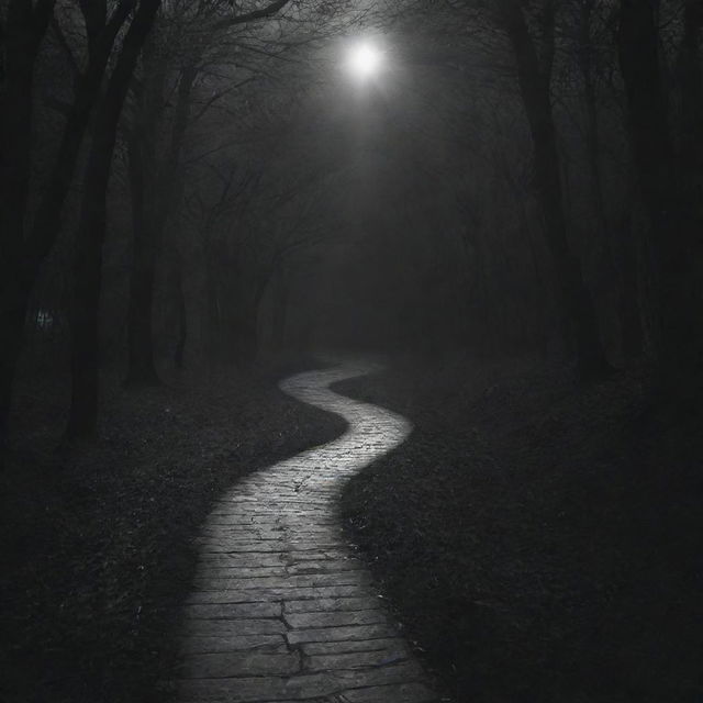 An allegorical image depicting a long, winding path with God's light at one end, gradually transitioning into shadowy darkness symbolizing devil at the other end.