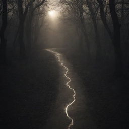 An allegorical image depicting a long, winding path with God's light at one end, gradually transitioning into shadowy darkness symbolizing devil at the other end.