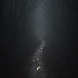 An allegorical image depicting a long, winding path with God's light at one end, gradually transitioning into shadowy darkness symbolizing devil at the other end.