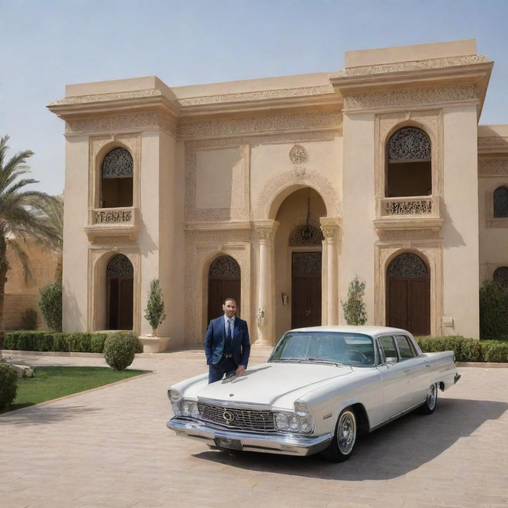 A millionaire in Baghdad depicted in an upscale, modern mansion with a blend of traditional and contemporary architectural elements, featuring lavish interiors, high-end cars, and a picturesque view of the historical city.