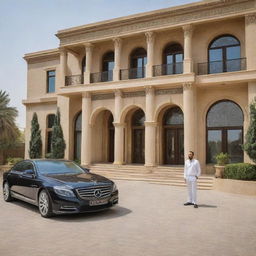 A millionaire in Baghdad depicted in an upscale, modern mansion with a blend of traditional and contemporary architectural elements, featuring lavish interiors, high-end cars, and a picturesque view of the historical city.