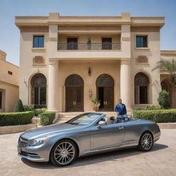 A millionaire in Baghdad depicted in an upscale, modern mansion with a blend of traditional and contemporary architectural elements, featuring lavish interiors, high-end cars, and a picturesque view of the historical city.