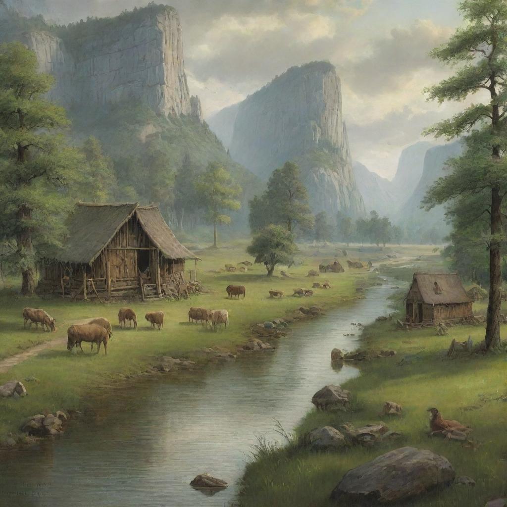 A serene scene from the year 1300 in what is now the USA, portraying untouched, verdant landscapes, rivers, wildlife, and indigenous tribes living in harmony with nature