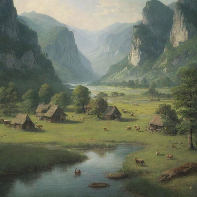 A serene scene from the year 1300 in what is now the USA, portraying untouched, verdant landscapes, rivers, wildlife, and indigenous tribes living in harmony with nature