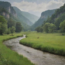 A serene scene from the year 1300 in what is now the USA, portraying untouched, verdant landscapes, rivers, wildlife, and indigenous tribes living in harmony with nature