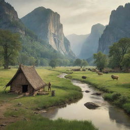 A serene scene from the year 1300 in what is now the USA, portraying untouched, verdant landscapes, rivers, wildlife, and indigenous tribes living in harmony with nature