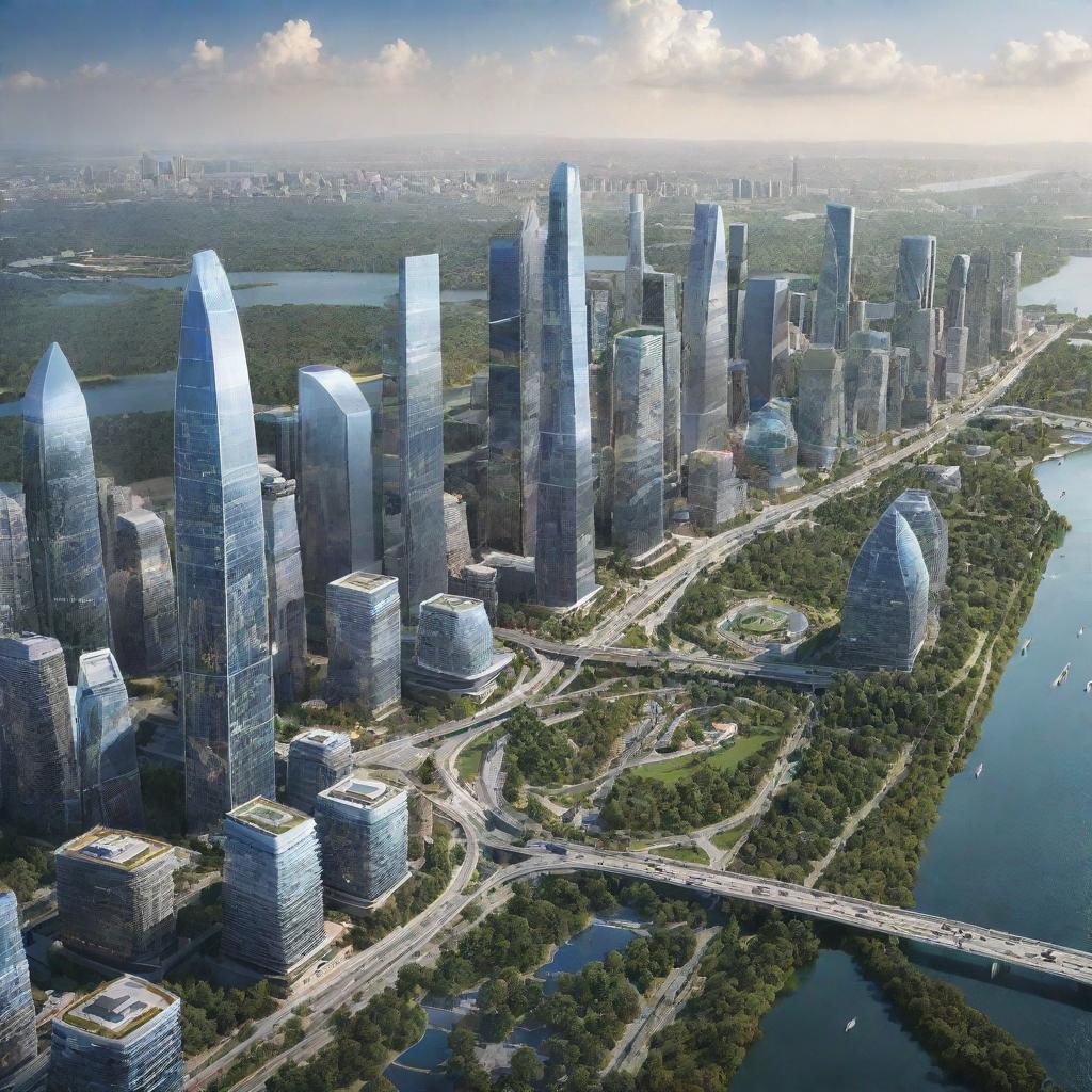 A vision of the USA in the future, featuring advanced smart cities filled with AI-powered infrastructures, clean energy sources, futuristic transportation systems, and skyscrapers blended seamlessly into natural, well-preserved landscapes.