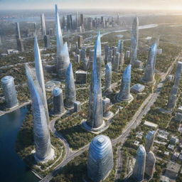 A vision of the USA in the future, featuring advanced smart cities filled with AI-powered infrastructures, clean energy sources, futuristic transportation systems, and skyscrapers blended seamlessly into natural, well-preserved landscapes.