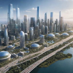 A vision of the USA in the future, featuring advanced smart cities filled with AI-powered infrastructures, clean energy sources, futuristic transportation systems, and skyscrapers blended seamlessly into natural, well-preserved landscapes.