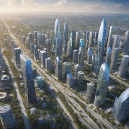 A vision of the USA in the future, featuring advanced smart cities filled with AI-powered infrastructures, clean energy sources, futuristic transportation systems, and skyscrapers blended seamlessly into natural, well-preserved landscapes.