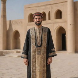 A person from Iraq (عراقي) showcased in a traditional Iraqi setting, wearing cultural attire and accompanied by significant architectural and cultural symbols.