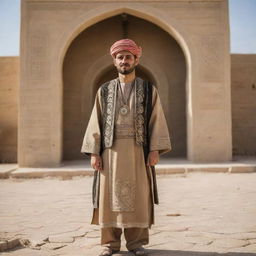 A person from Iraq (عراقي) showcased in a traditional Iraqi setting, wearing cultural attire and accompanied by significant architectural and cultural symbols.