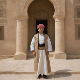 A person from Iraq (عراقي) showcased in a traditional Iraqi setting, wearing cultural attire and accompanied by significant architectural and cultural symbols.