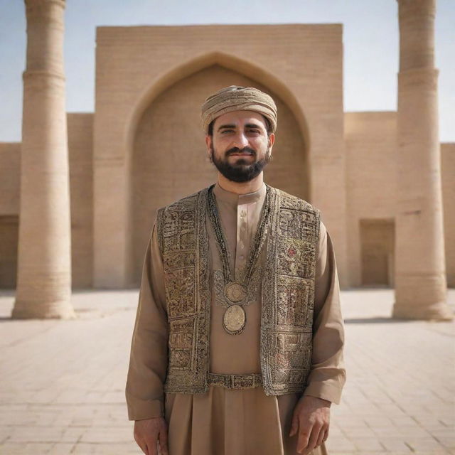 A person from Iraq (عراقي) showcased in a traditional Iraqi setting, wearing cultural attire and accompanied by significant architectural and cultural symbols.