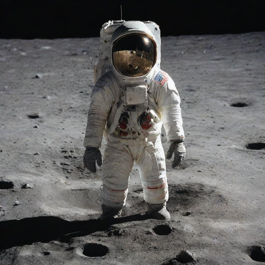 A poor man standing on the moon's surface (رجل فقير على سطح القمر), gazing at Earth in the distant cosmos, while wearing a simplistic spacesuit.