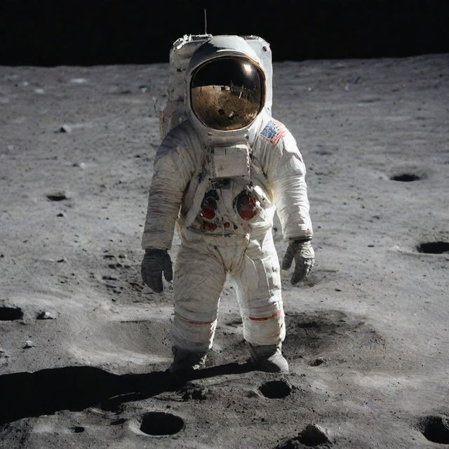 A poor man standing on the moon's surface (رجل فقير على سطح القمر), gazing at Earth in the distant cosmos, while wearing a simplistic spacesuit.