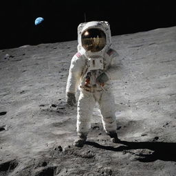 A poor man standing on the moon's surface (رجل فقير على سطح القمر), gazing at Earth in the distant cosmos, while wearing a simplistic spacesuit.